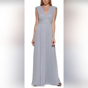 ELIZA J Beaded-Waist Greek Gown NWT size 14 silver